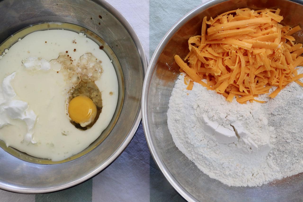 Combine wet and dry ingredients in two separate mixing bowls.