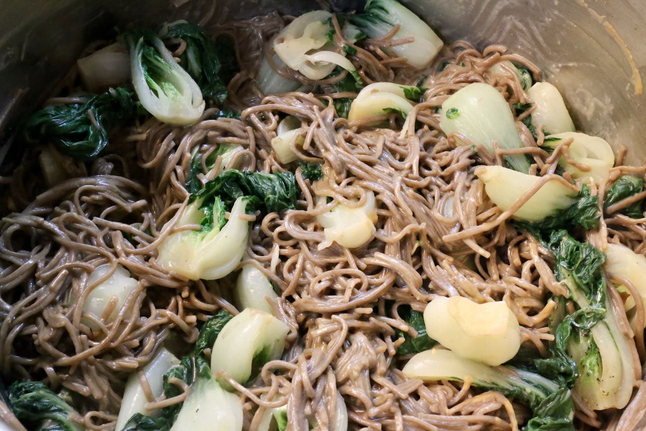 Toss Vegan Soba Noodles with creamy miso dressing and tender bok choy. 
