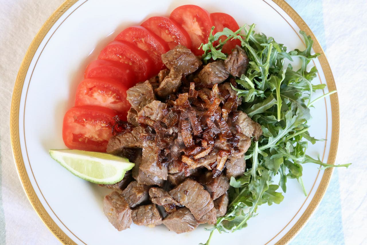 "Shaking" Vietnamese Beef Stir Fry features succulent and juicy pieces of steak.