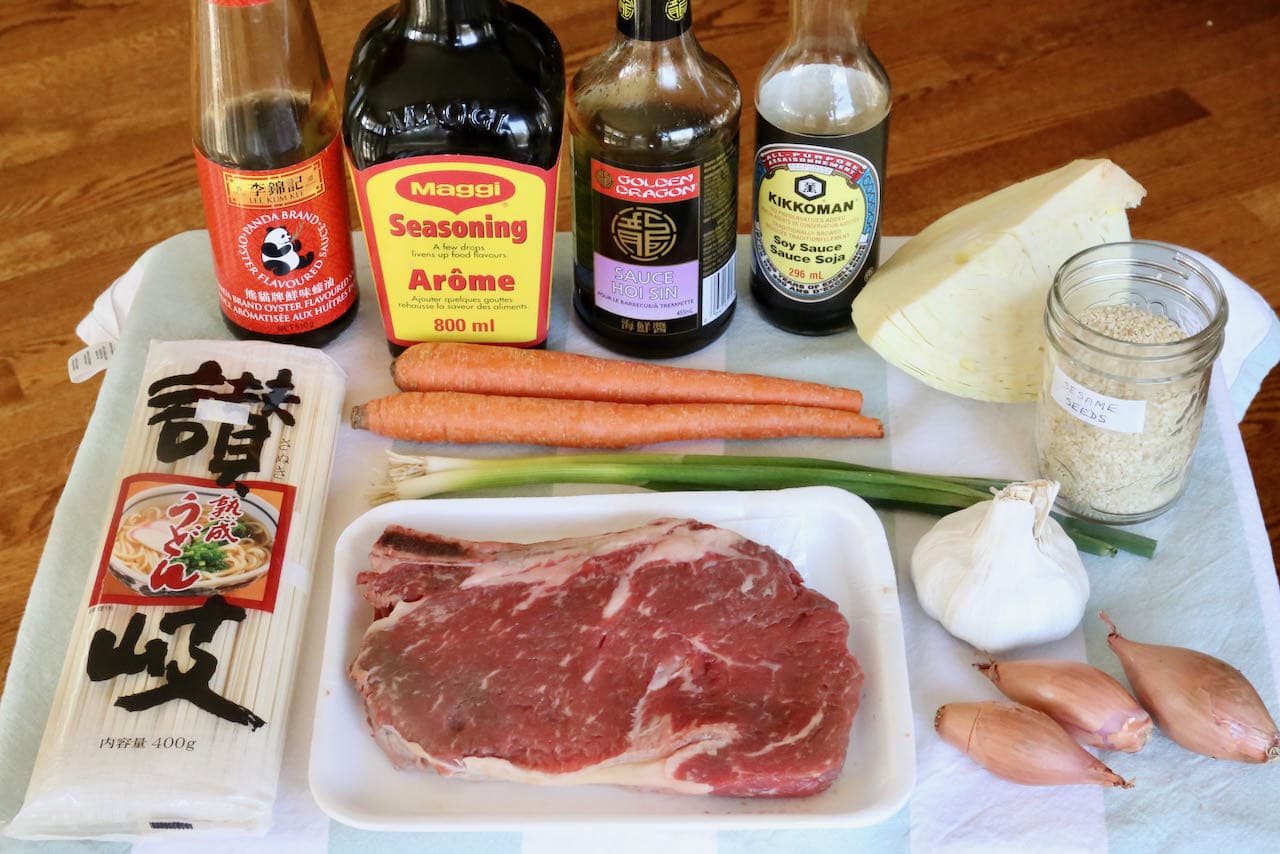 Traditional Beef Yaki Udon Noodle Stir Fry recipe ingredients.