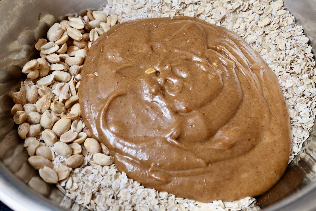 Mix Peanut Butter Flapjacks ingredients in a large mixing bowl.