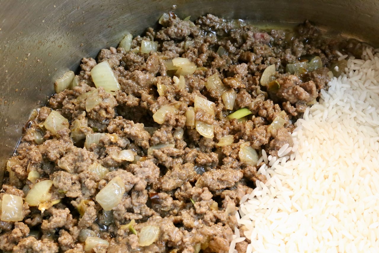 Authentic Lebanese Hashweh features rice and minced beef.
