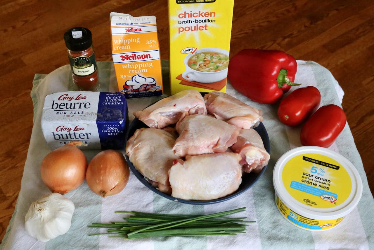 Traditional Paprikas Csirke Hungarian Chicken Paprikash recipe ingredients. 