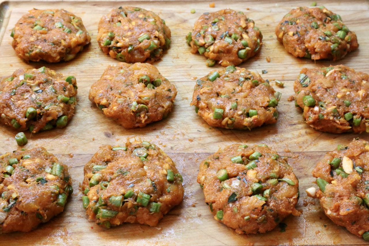 Form Thai Fish Cake patties with your hands.