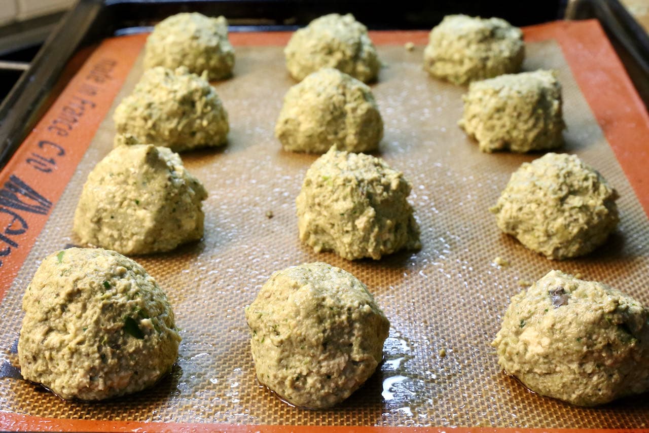 Use your hands to form ping pong ball sized Tofu Meatballs and place on a baking sheet.