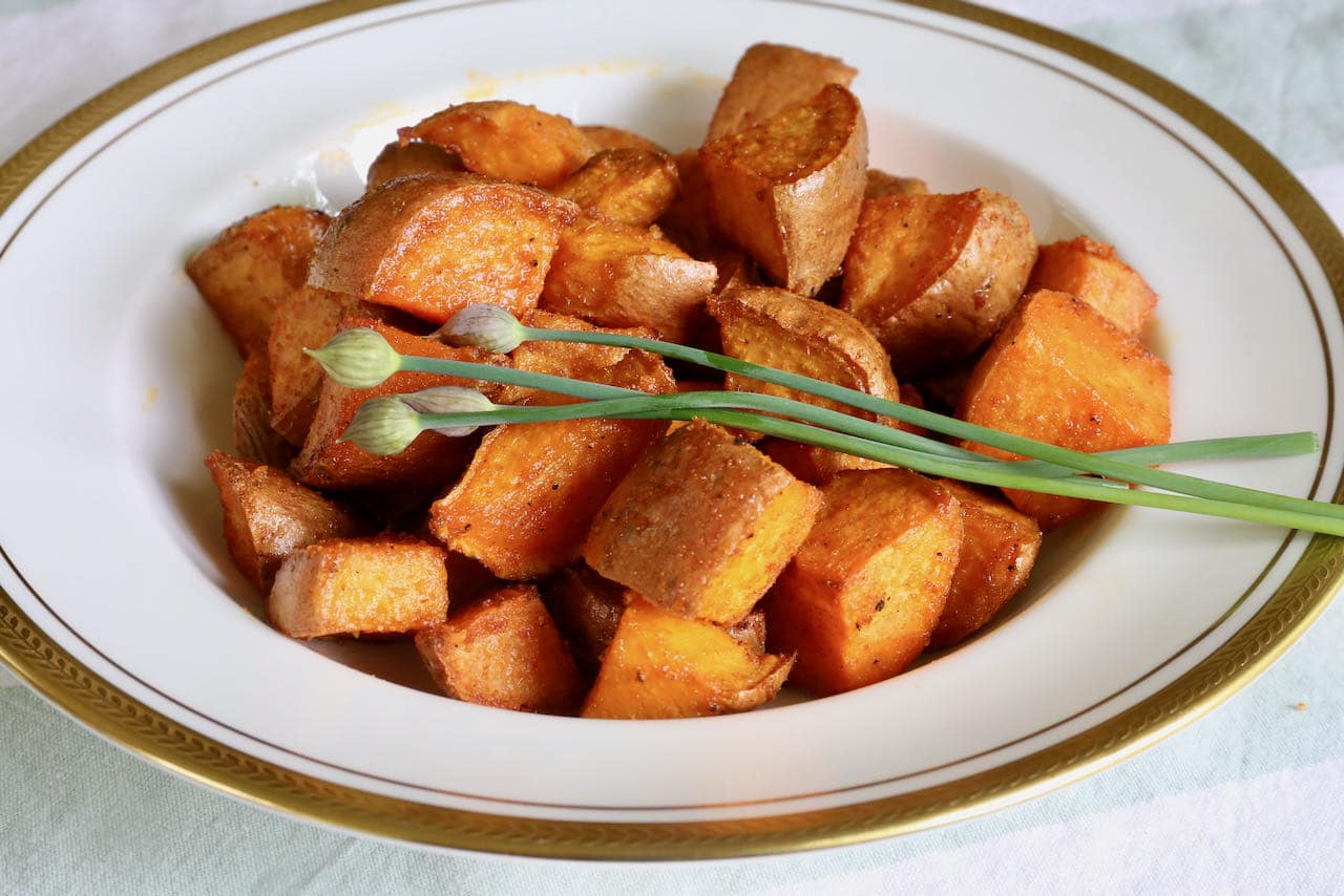 Serve Air Fryer Sweet Potato Cubes as a side dish with your favourite roast.