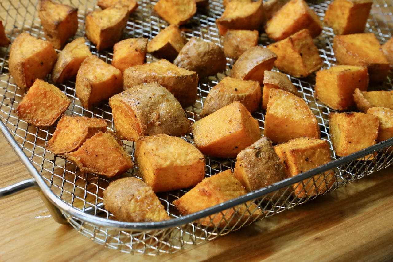 These seasoned Air Fryer Sweet Potato Cubes are a healthy vegan crunchy snack or side dish.
