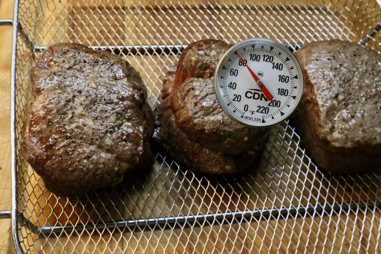 Use a thermometer to ensure your air fryer filet mignon are cooked to your liking. We suggest medium rare. 