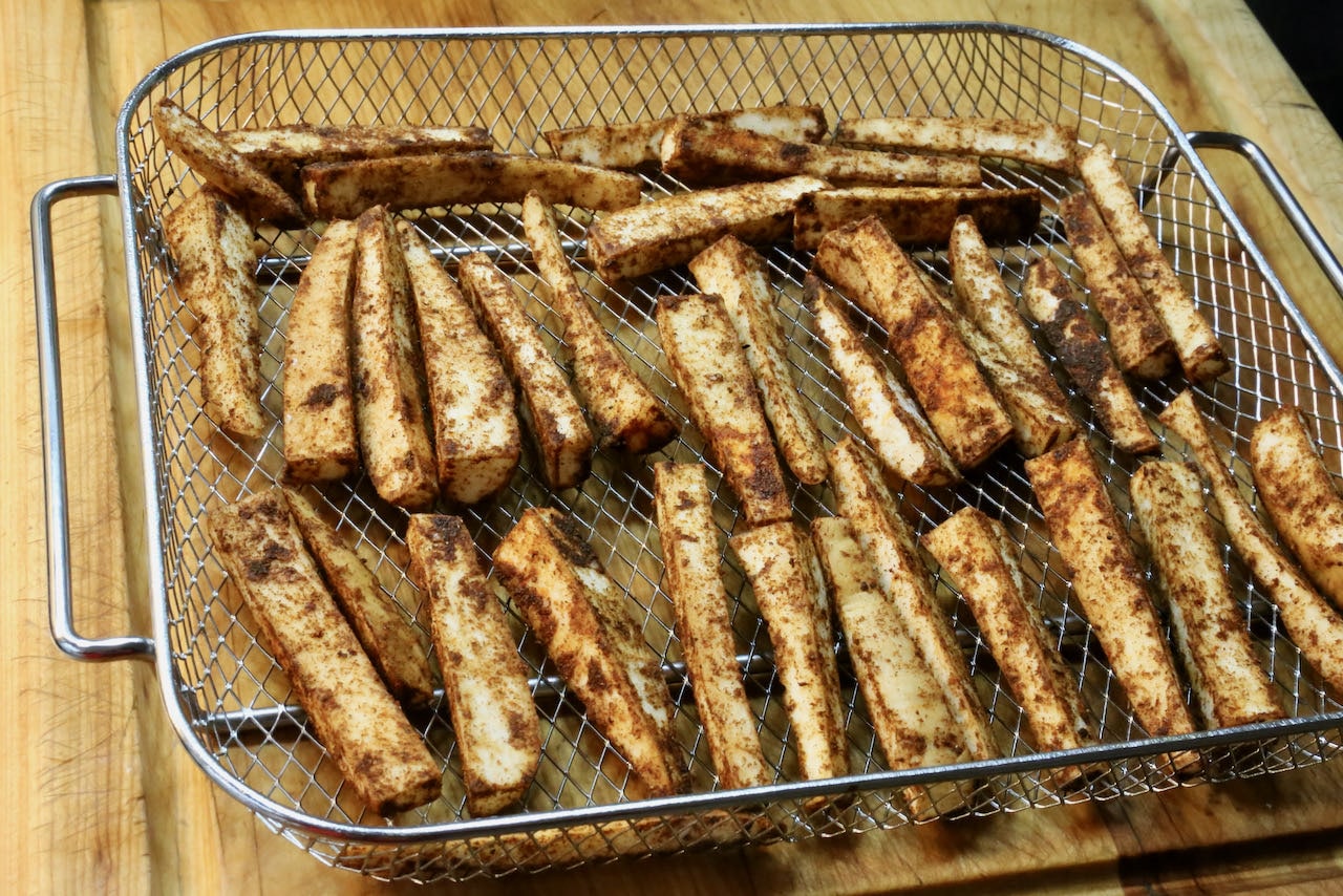 Air Fryer Parsnips can be removed once crispy and cooked through.