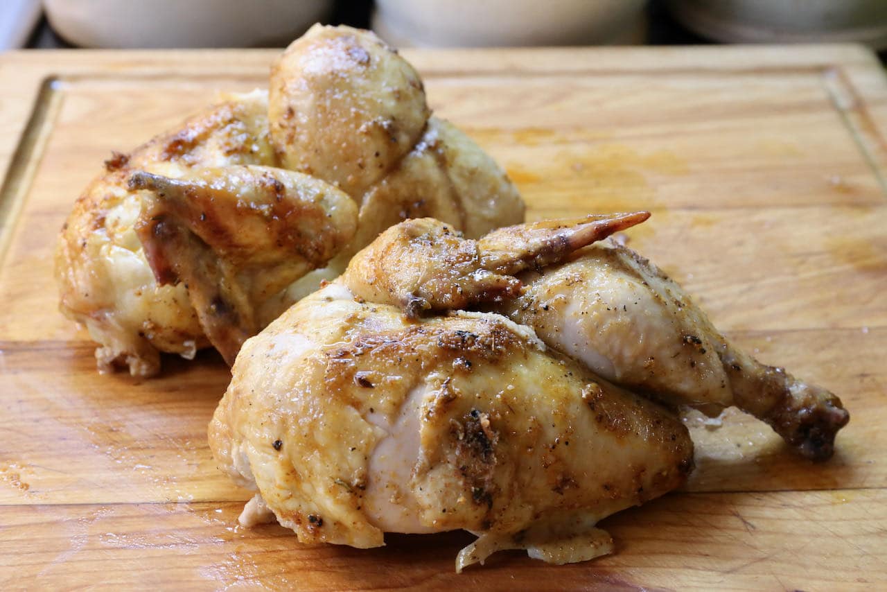We like to quarter our air fryer rotisserie chicken recipe to feed 4 guests.