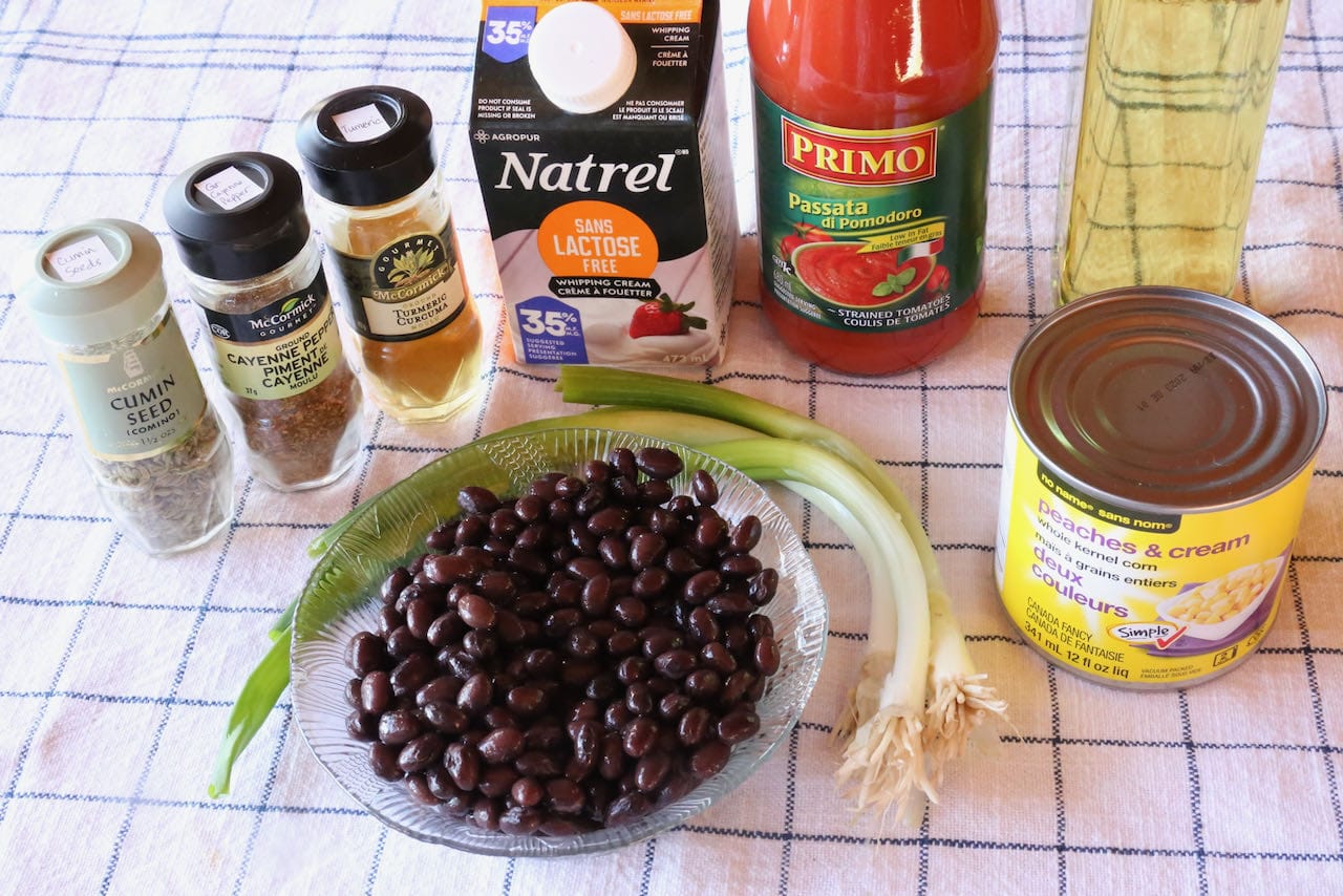 Homemade creamy Corn Black Bean Curry recipe ingredients.