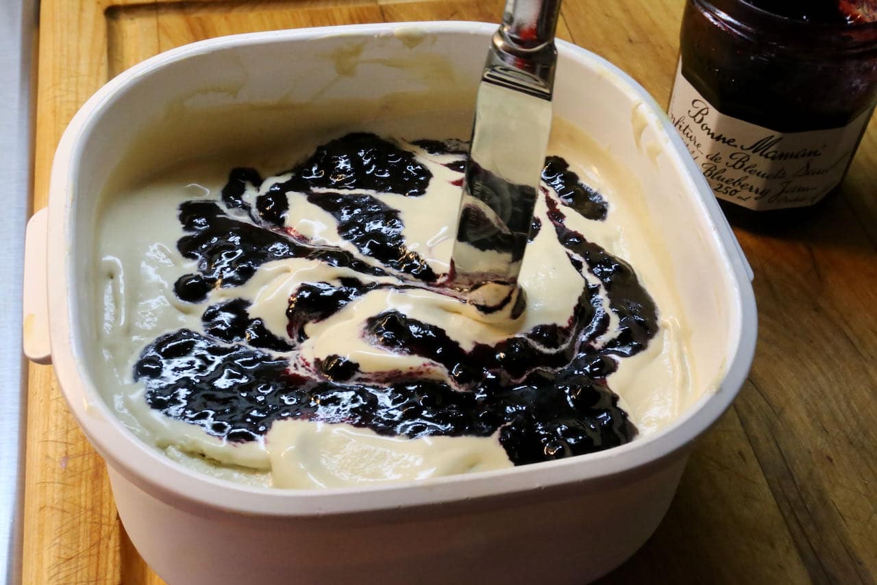 Use a knife to swirl the blueberry jam into the freshly churned Earl Grey Ice Cream before freezing. 