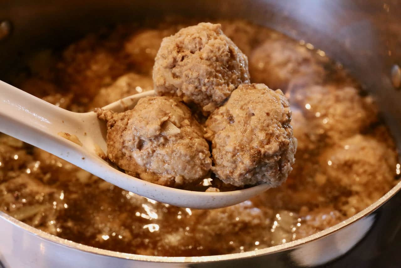 Cook Danish Meatballs in beef stock until tender and cooked through.