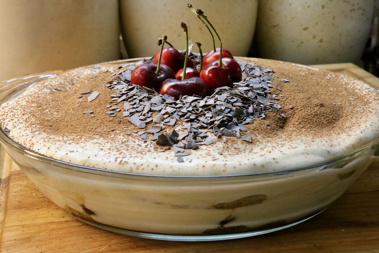 Prepare this easy Cherry Tiramisu recipe in a shallow glass pie plate.