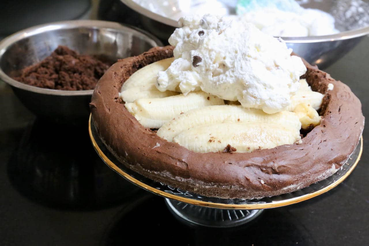 German Mole Cake features a whipped cream gelatin filling that is mixed with chocolate chips.