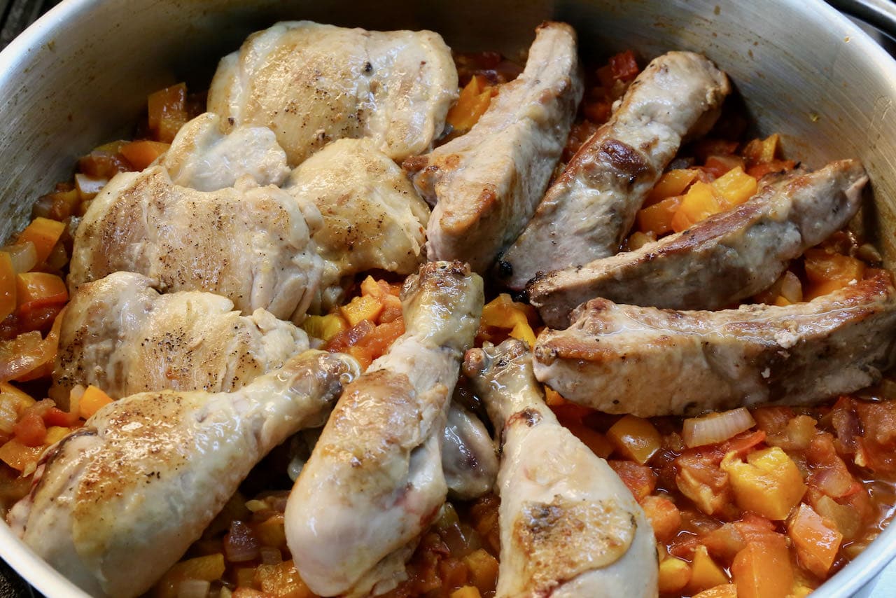 Our easy Mexican Paella recipe features chicken, pork ribs and shrimp.