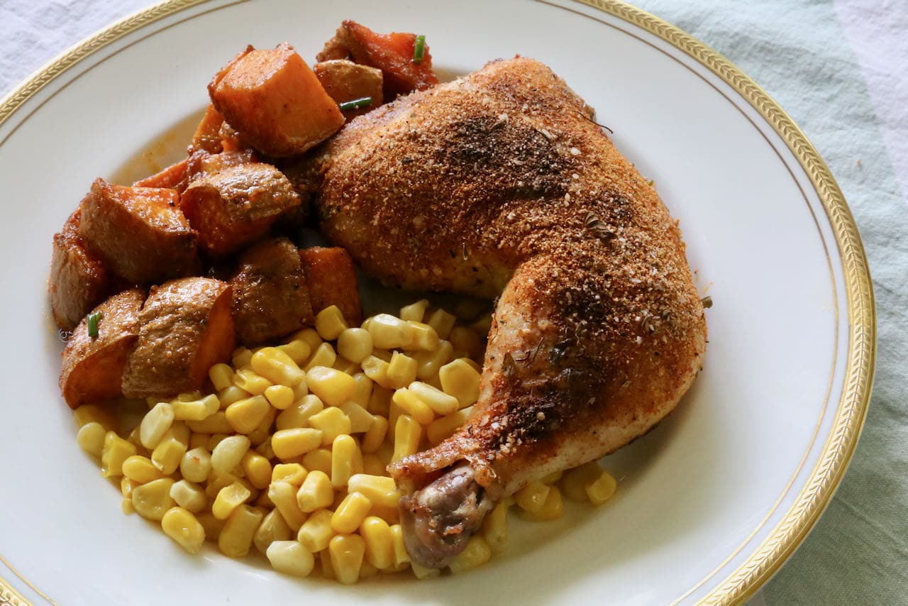 We love serving Air Fried Chicken Legs with roasted sweet potato and sweet corn.