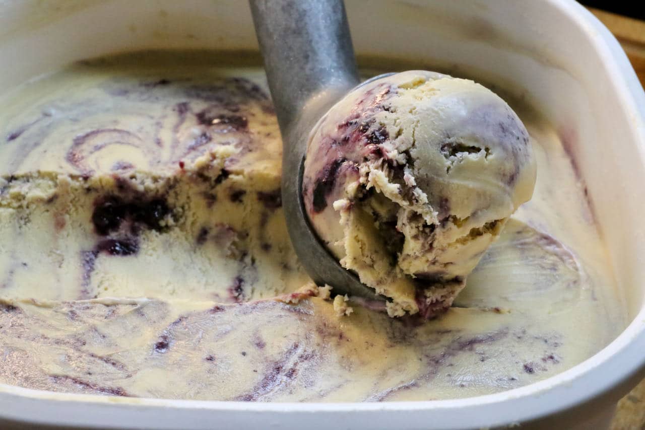Enjoy Blueberry Earl Grey Ice Cream scooped on cones or as a gourmet berry summer sundae. 