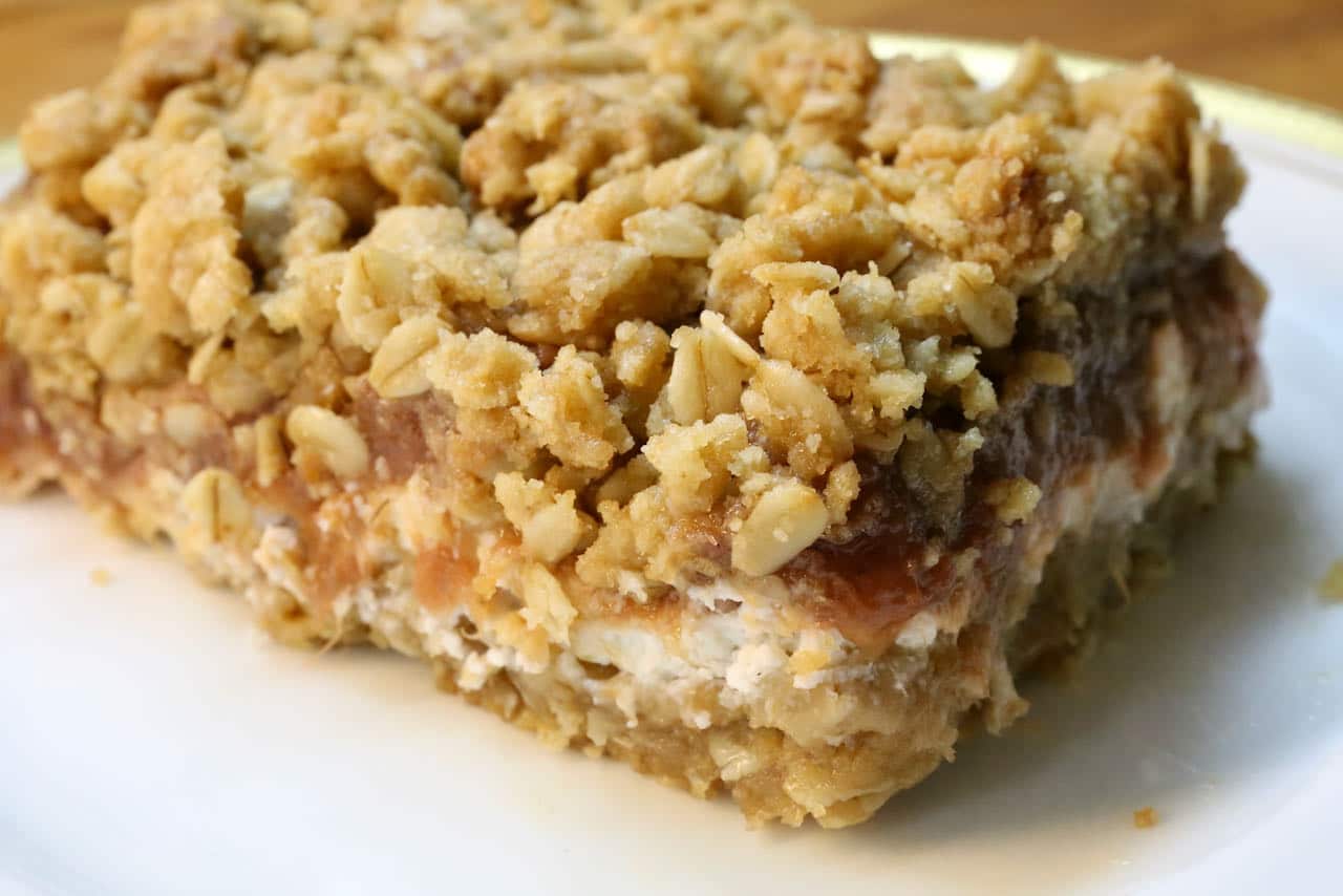 Our Oatmeal Rhubarb Bars are filled with creamy ricotta cheese.