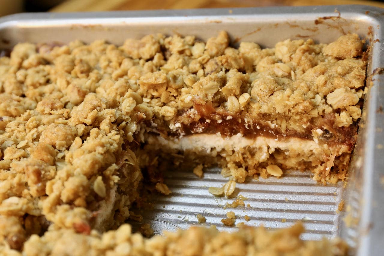 Let Oatmeal Rhubarb Bars cool to room temperature before slicing and serving.