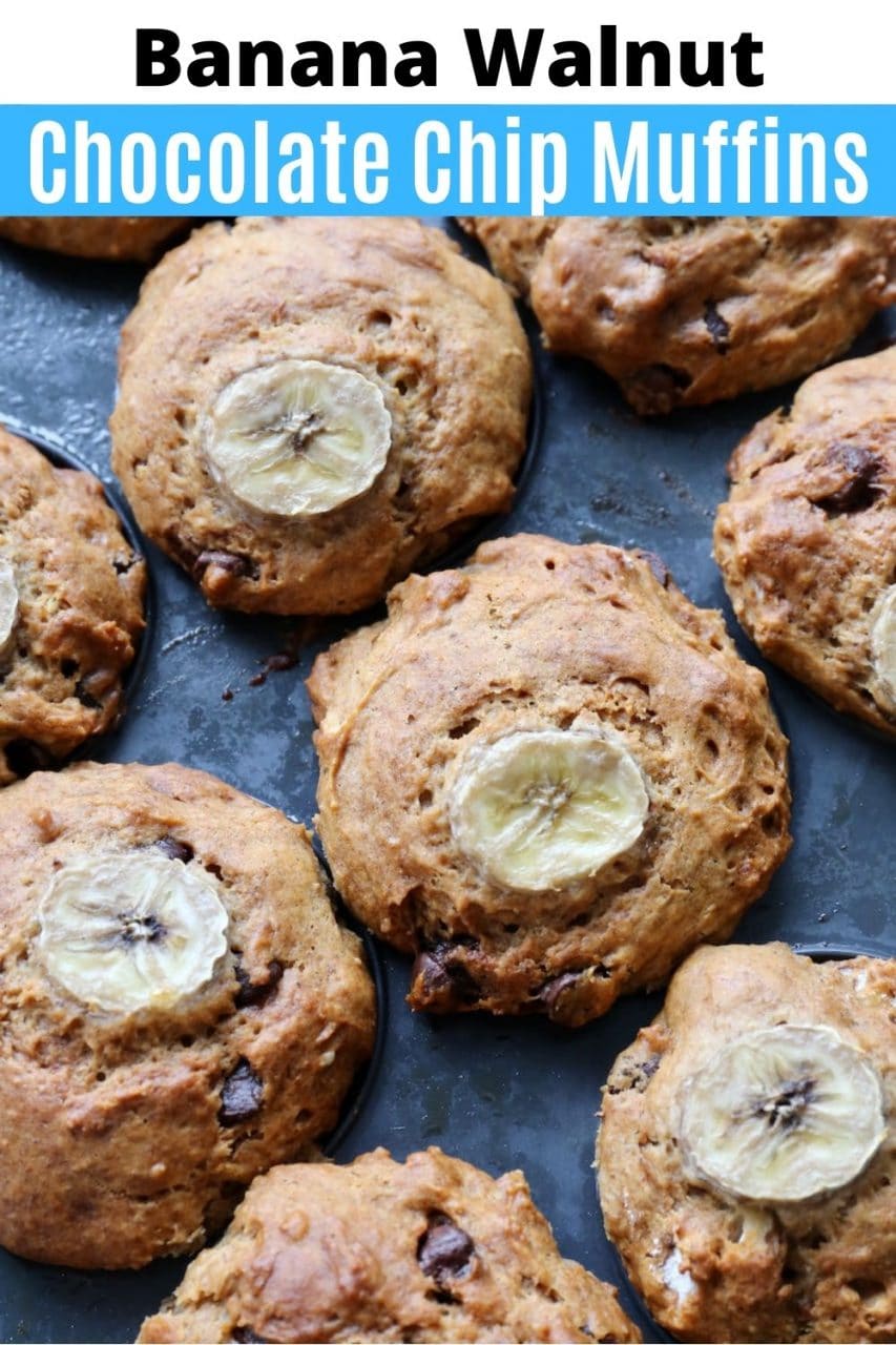 Save our homemade Banana Walnut Chocolate Chip Muffins Recipe to Pinterest!