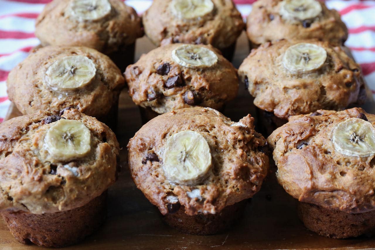 Let Banana Walnut Chocolate Chip Muffins rest on a cooling rack for 10 minutes before serving.