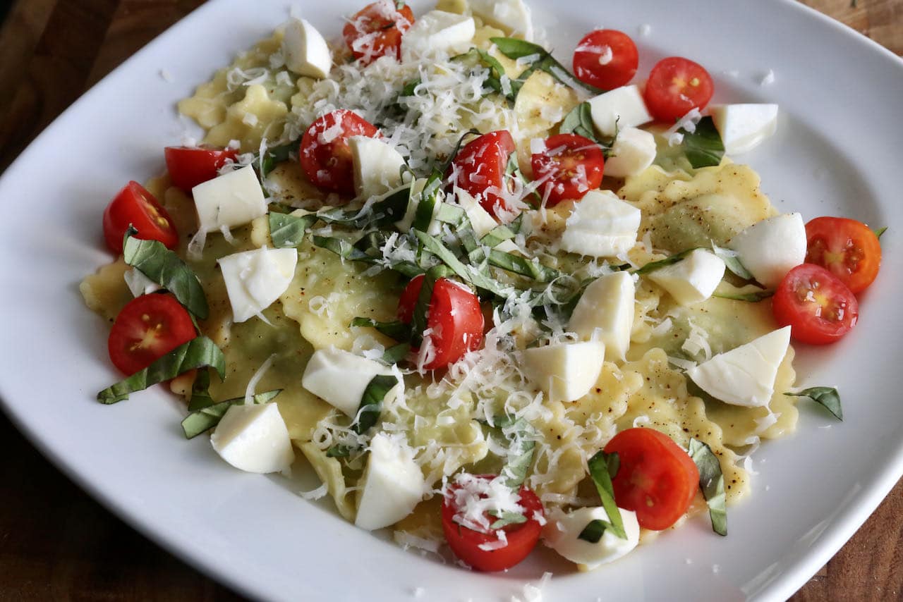 Caprese Ravioli is a pasta dish based on a traditional Italian salad recipe.