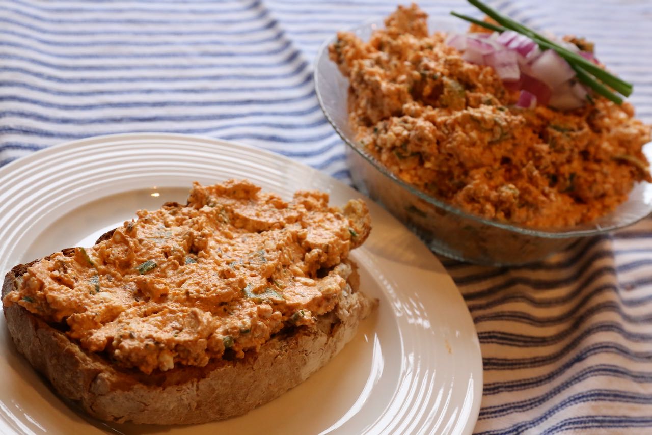 Korozott spread on a slice of sourdough bread is a quick & easy breakfast or lunch.