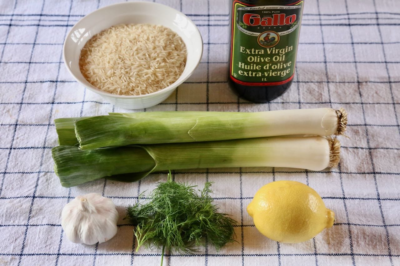 Traditional Prasorizo Greek Leek Rice recipe ingredients.