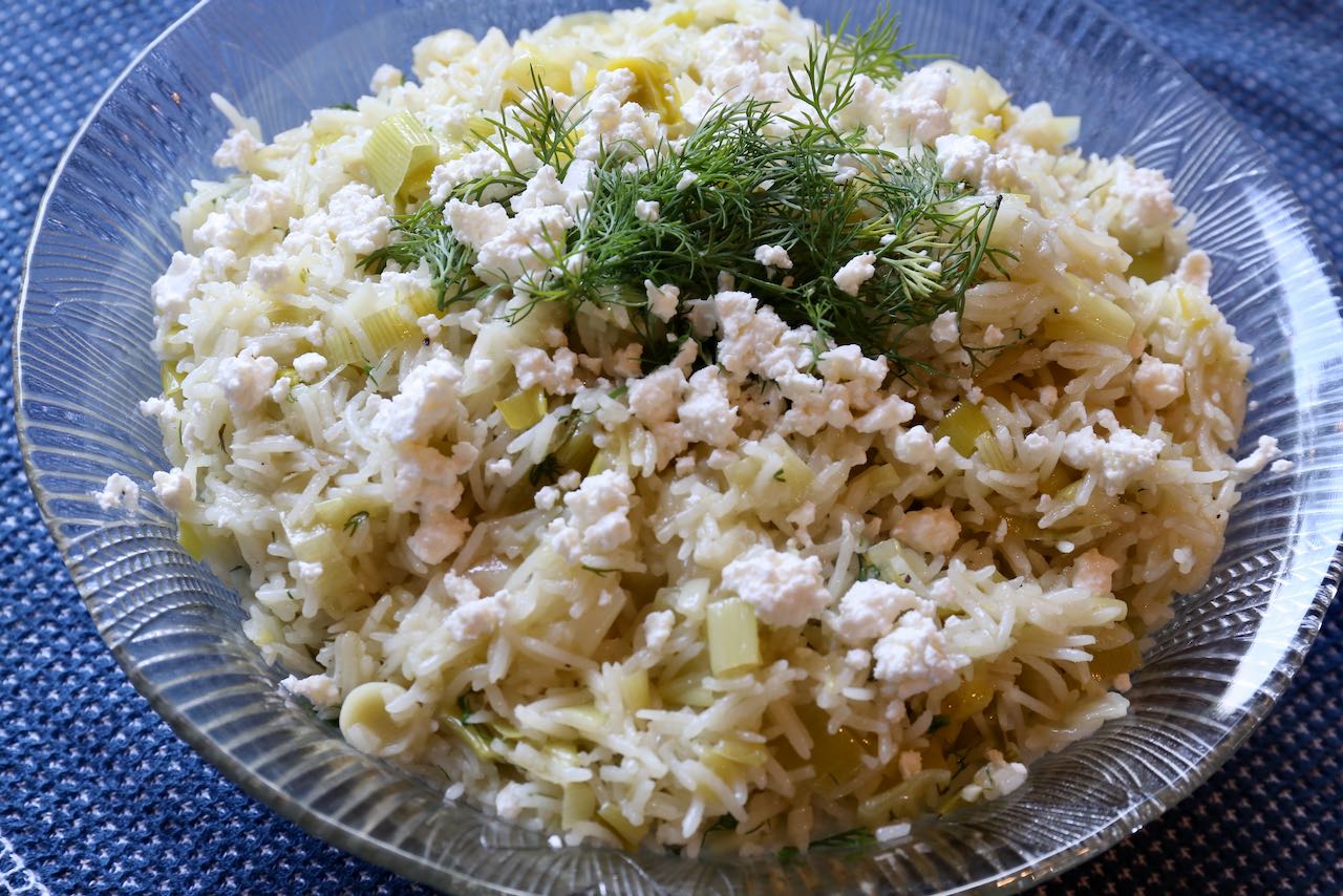 Garnish this easy vegetarian Leek Rice recipe with crumbled feta and fresh dill.