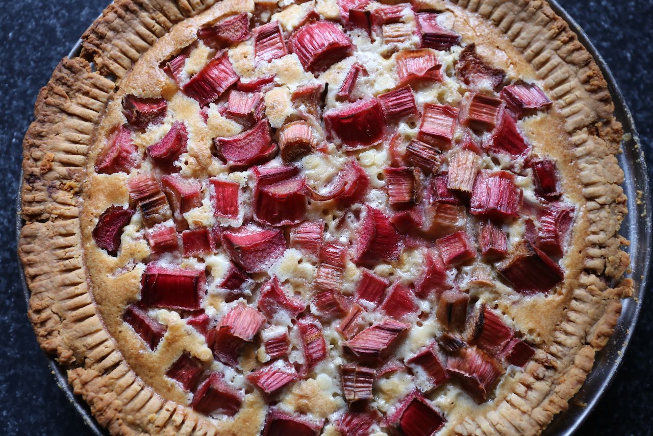 Remove Rhubarb Custard Tart from the oven once the centre is no longer jiggly. 