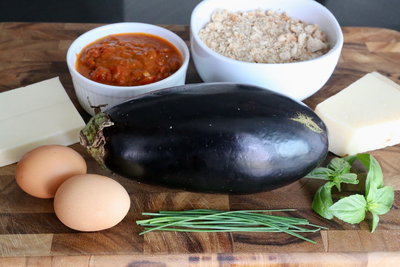Traditional homemade Air Fryer Eggplant Parmesan recipe ingredients.  