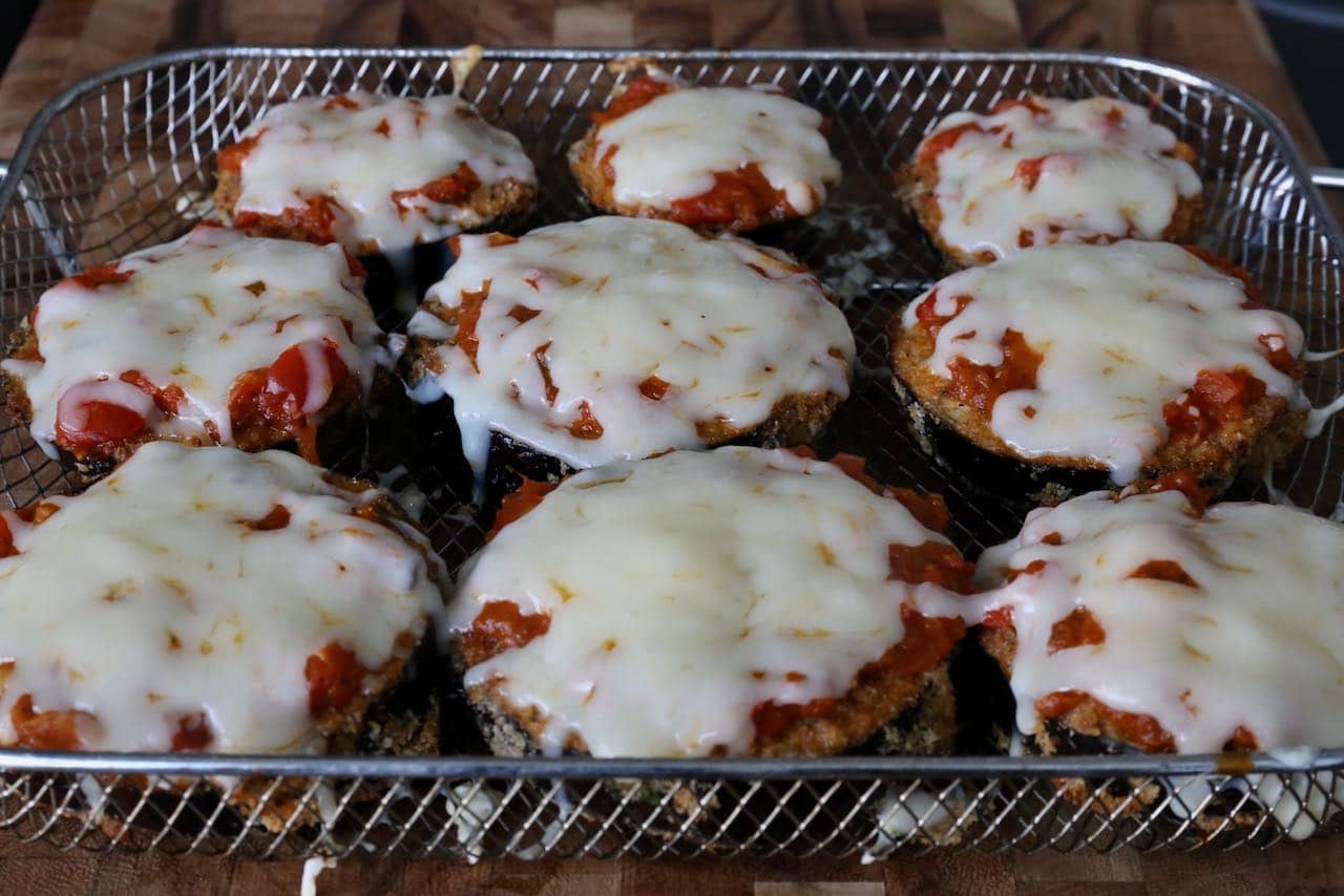 Air Fry the eggplant parmesan slices until the mozzarella cheese has melted. 