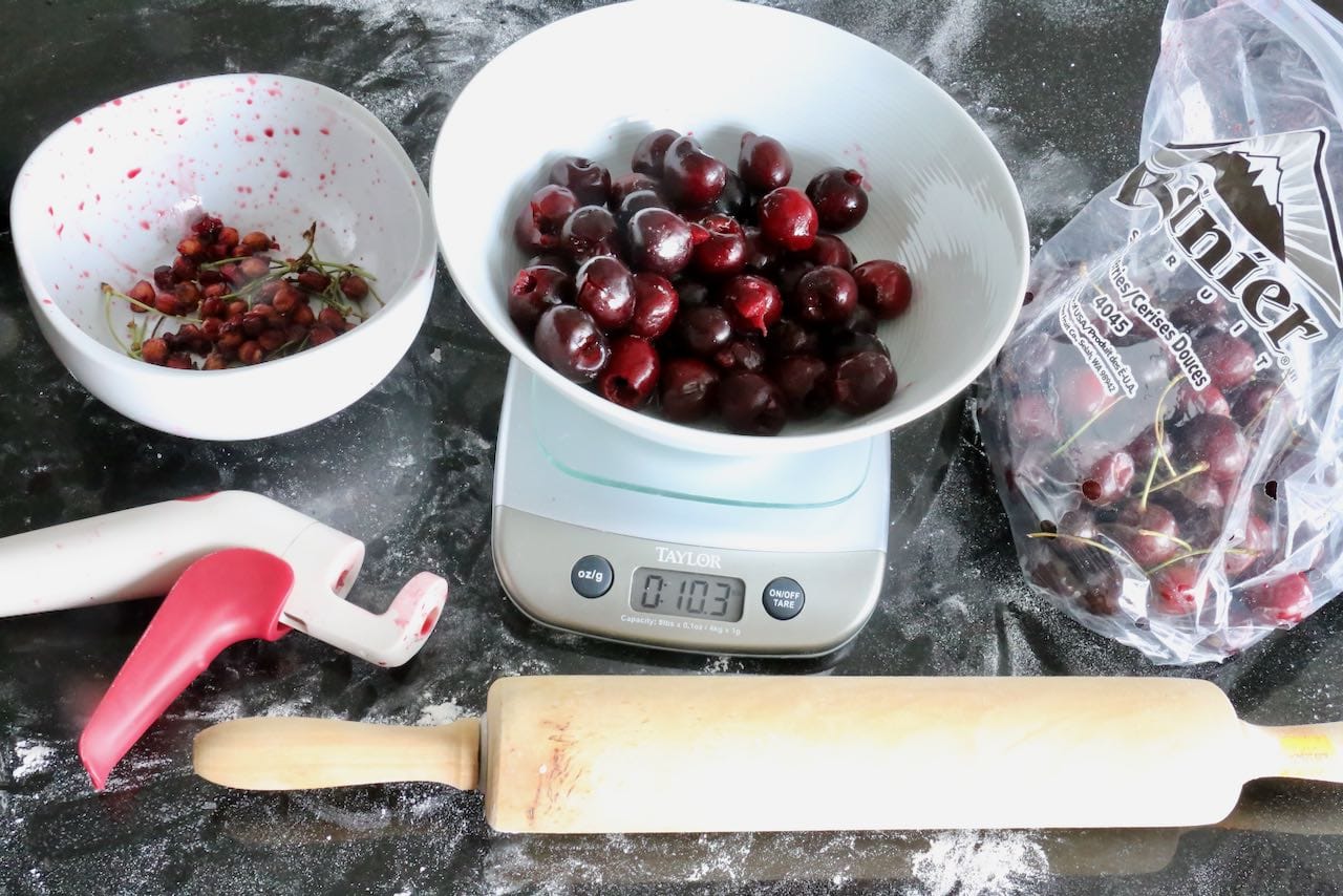 This pie recipe requires a cherry pitter, weigh scale and rolling pin.