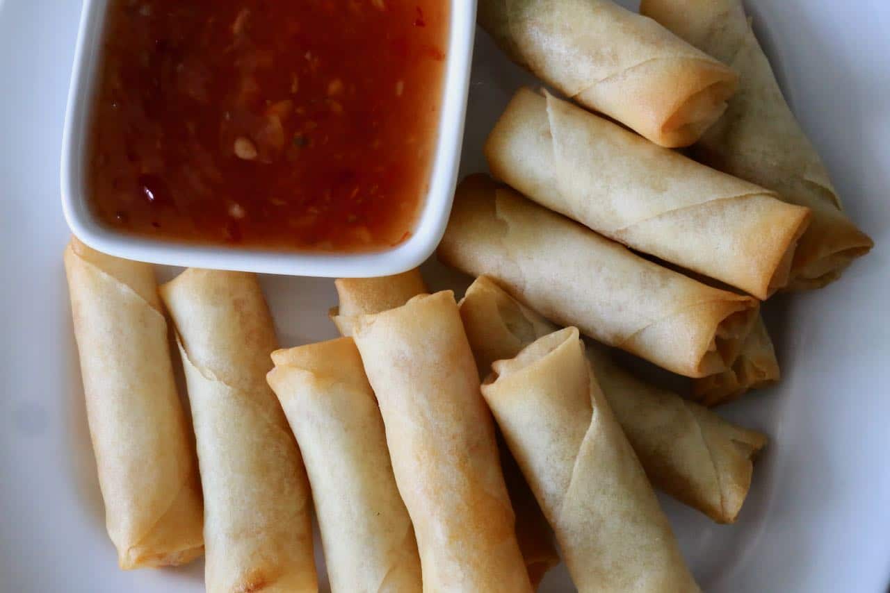 Serve Spring Rolls with sweet chili dipping sauce.