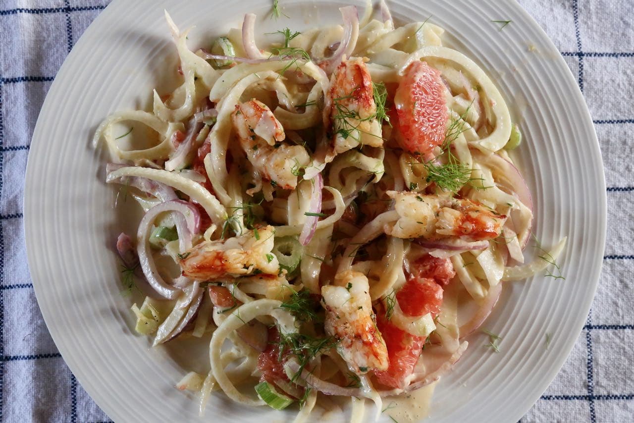 Ensalada de Gambas: In the winter we like to substitute grapefruit for seasonal citrus like clementines or blood oranges.