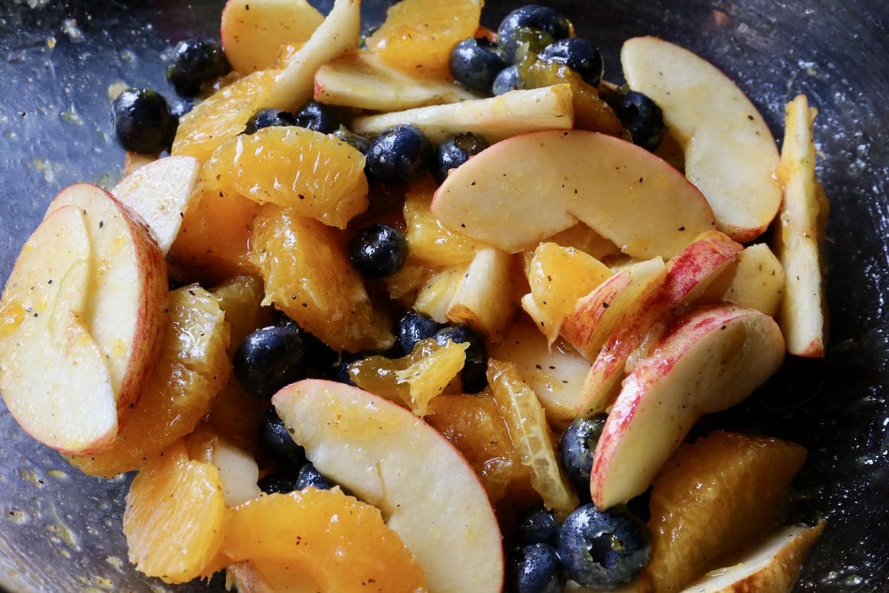 Our easy Fruit Chaat features fresh apples, pears, orange, blueberries and mango chutney. 