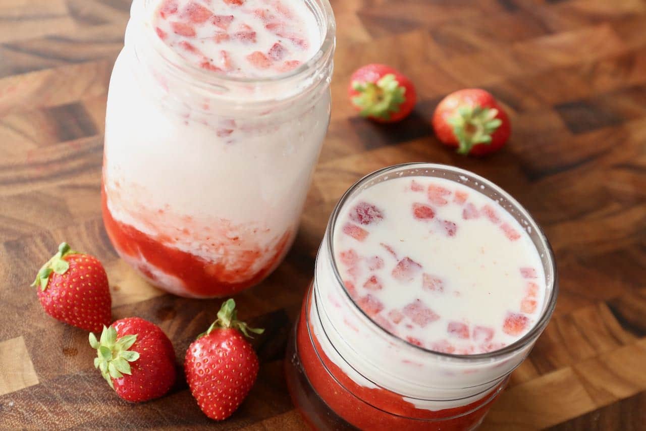 Korean Strawberry Milk is unique in that it features finely chopped strawberries as well as strawberry syrup.
