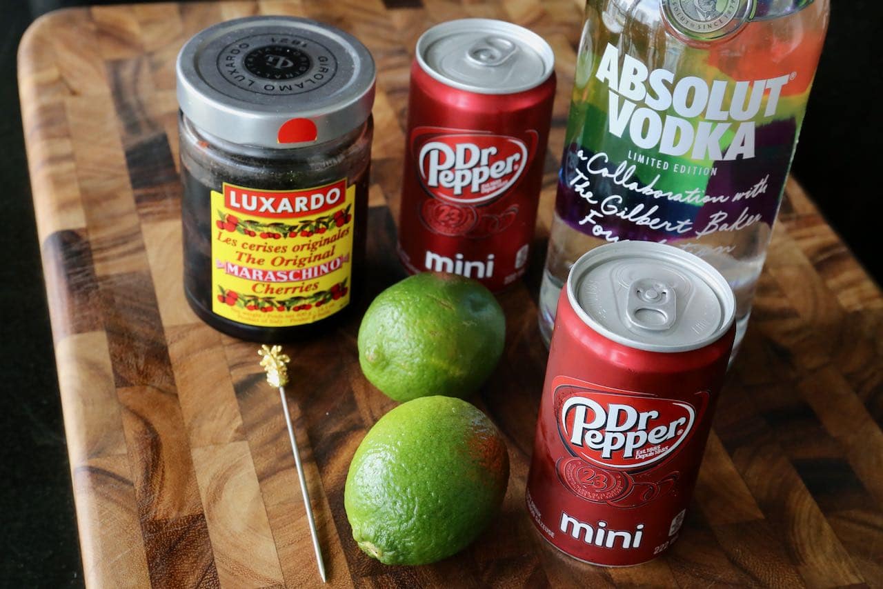 Homemade Vodka and Dr Pepper recipe ingredients.