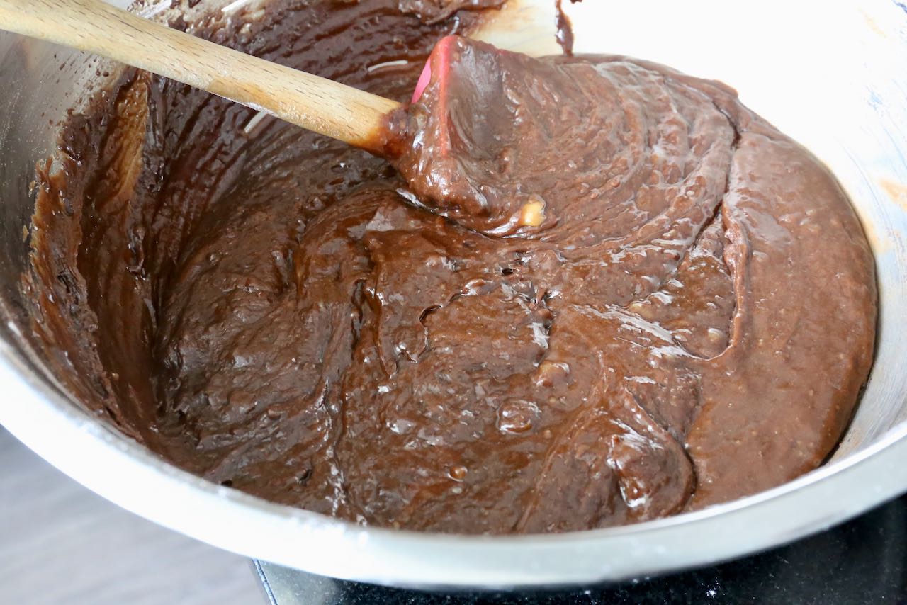 Combine Hershey Brownie ingredients until you achieve a smooth batter.