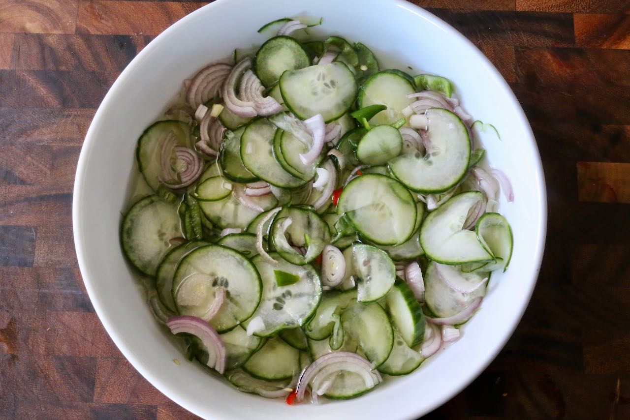 This healthy Acar Timun Indonesian Pickles recipe features cucumbers, shallots and spicy chili.