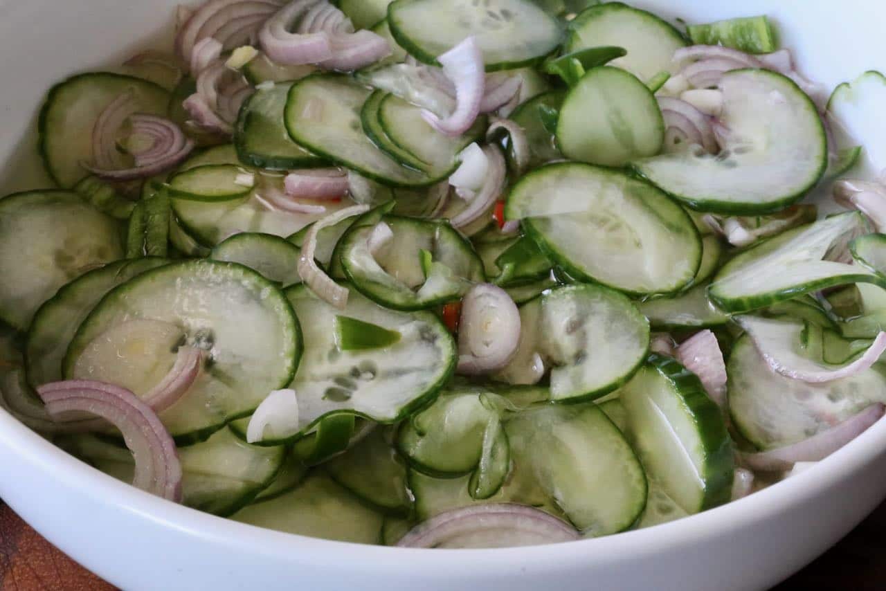 Serve Acar Indonesian Pickles as a condiment with grilled meat or as a healthy snack.