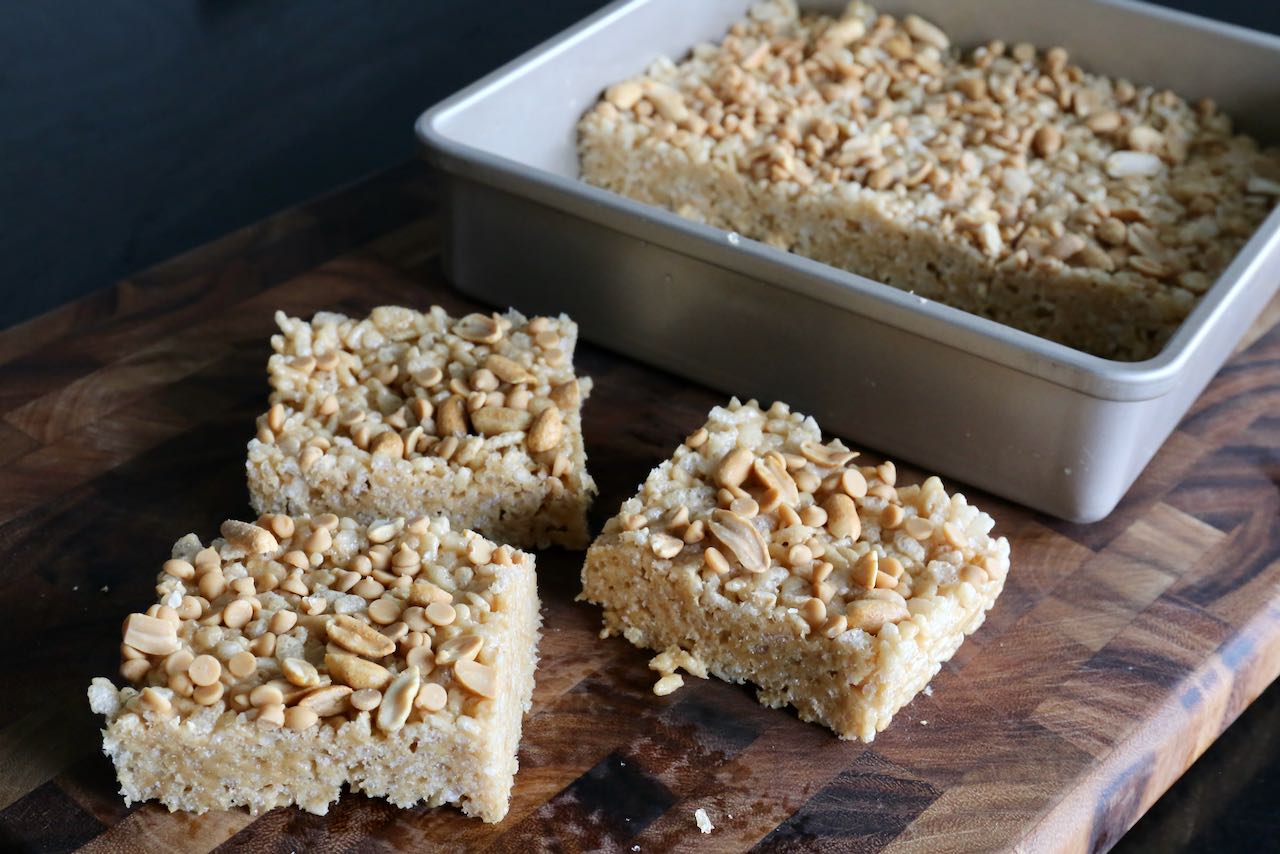 Peanut Butter Rice Krispie Bars are a perfect cutlery-free snack.