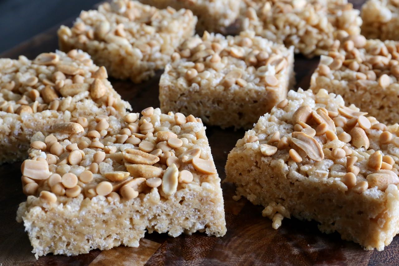 These Rice Krispie Bars are chewy thanks to marshmallows and peanut butter.