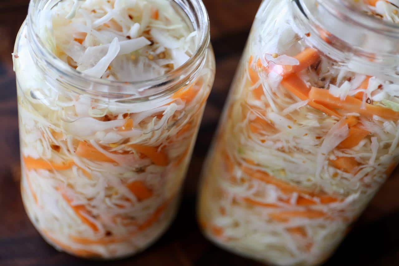 We love serving German Pickled Carrots and Cabbage as a crunchy condiment with roast meat.