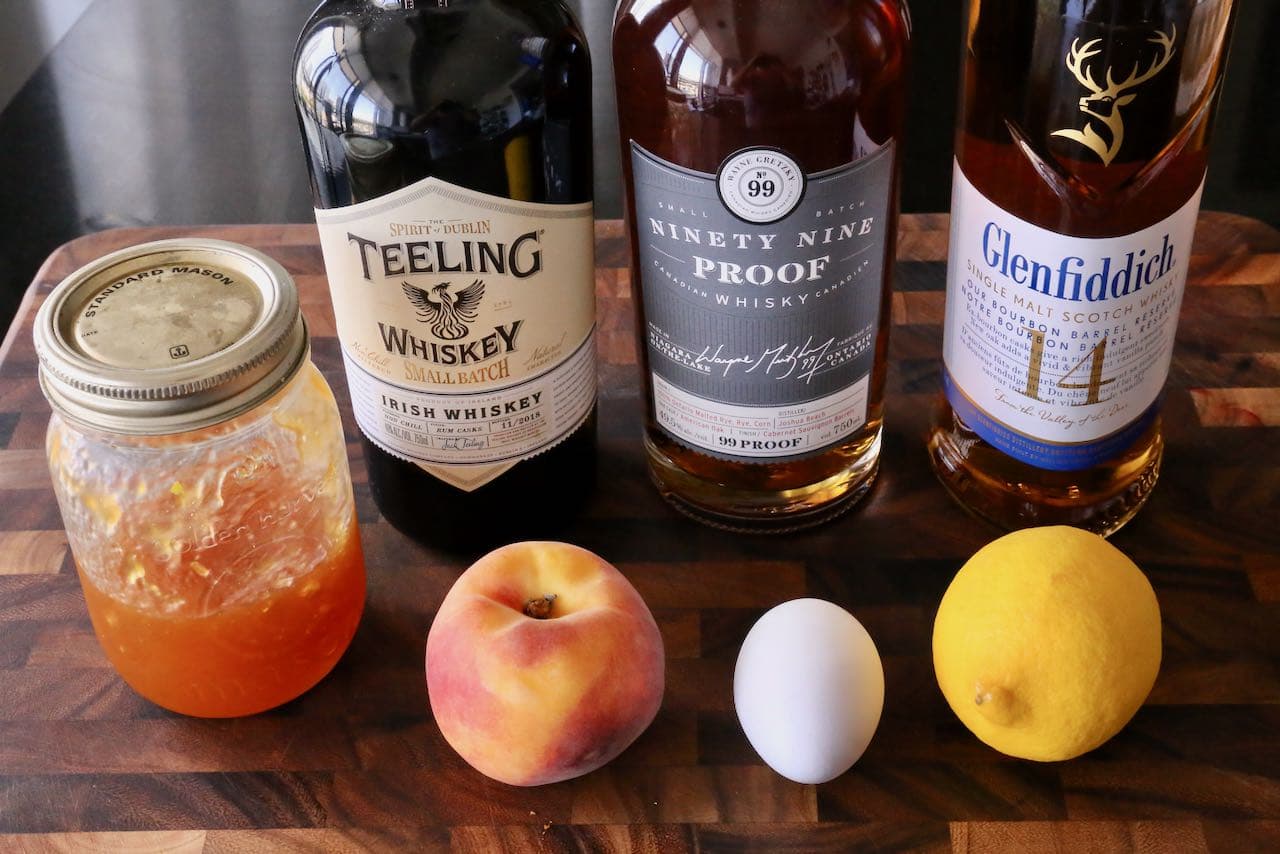 Traditional Peach Whiskey Sour Cocktail recipe ingredients.