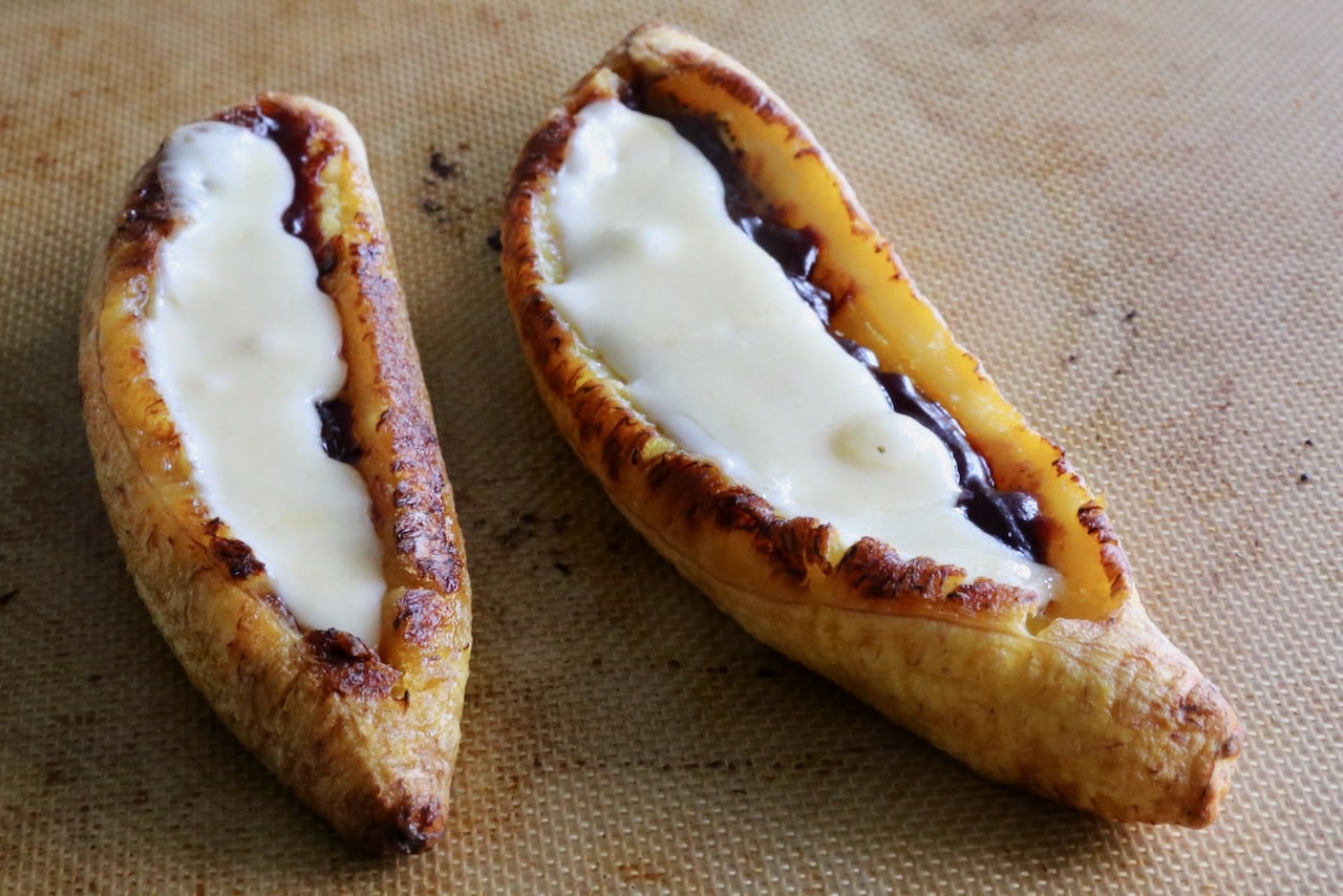 Baked Plantain with Cheese is a delicious healthy snack to enjoy in Ecuador and Colombia.