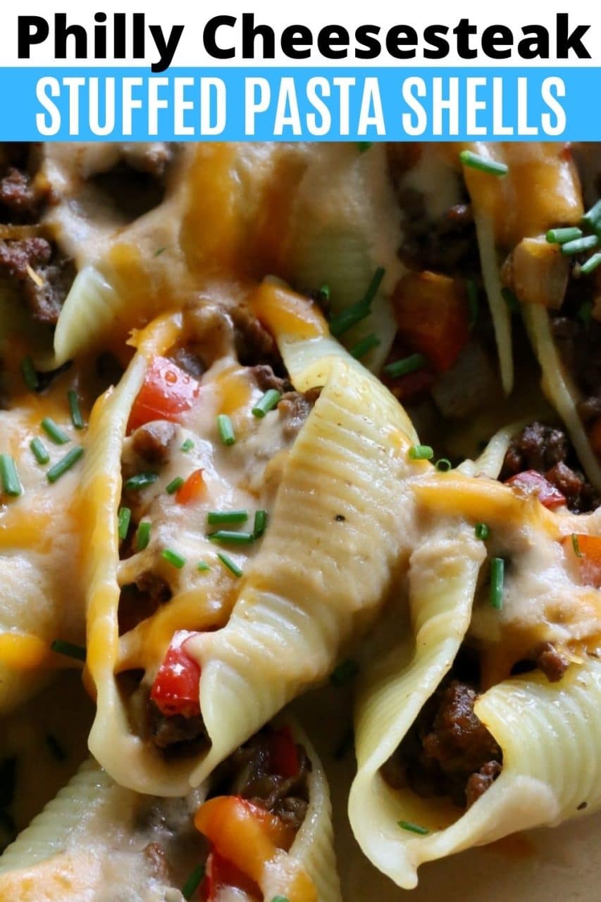 Save our Philly Cheesesteak Stuffed Pasta Shells recipe to Pinterest!