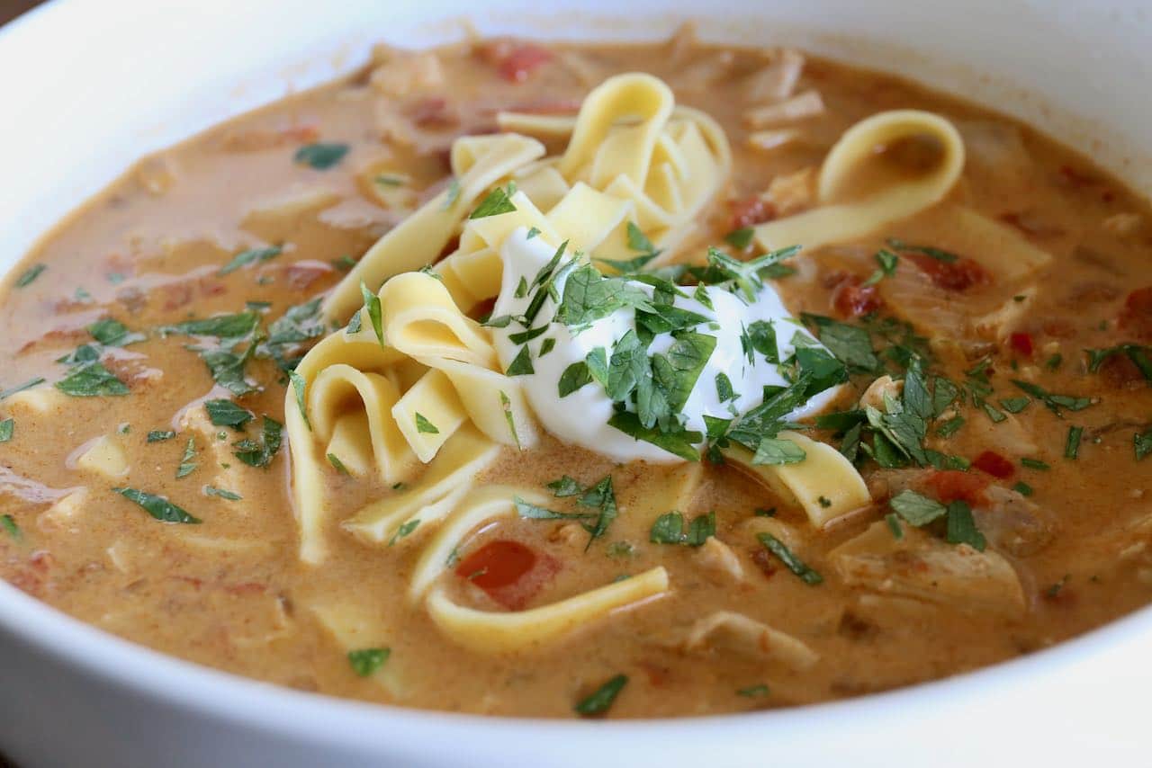 Chicken Paprika Soup is creamy thanks to the addition of sour cream.