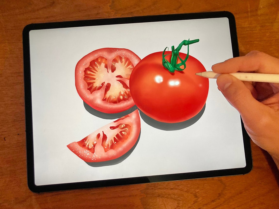 Learn the process of creating a digital tomato drawing with Procreate on iPad Pro
